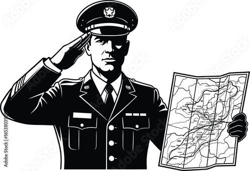 Military officer saluting and holding a map, navigation and planning