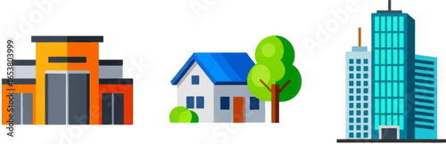 Illustration of three buildings including a house, an office, and a skyscraper in bright colors