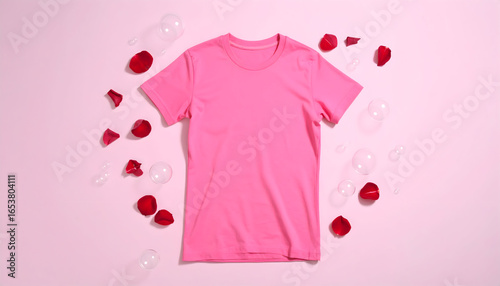 Pink T Shirt Surrounded by Red Rose Petals and Bubbles on Pink Background