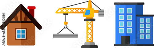 Illustration of a house, crane lifting a concrete block, and a blue building with windows shown