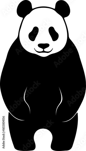 Illustration of a panda bear with black fur and white face standing upright with a gentle smile shown clearly