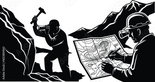 Geologists explore terrain with maps and tools amidst mountains