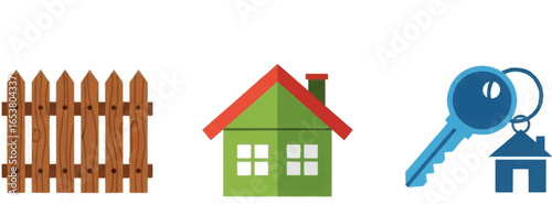 Illustration showing a brown wooden fence a green house with a red roof and a blue house key chain