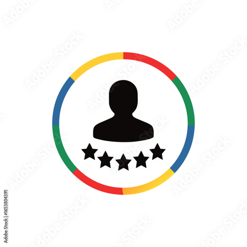 Customer review and feedback graphic with a person silhouette and five stars signifying excellent performance and satisfaction feedback illustration