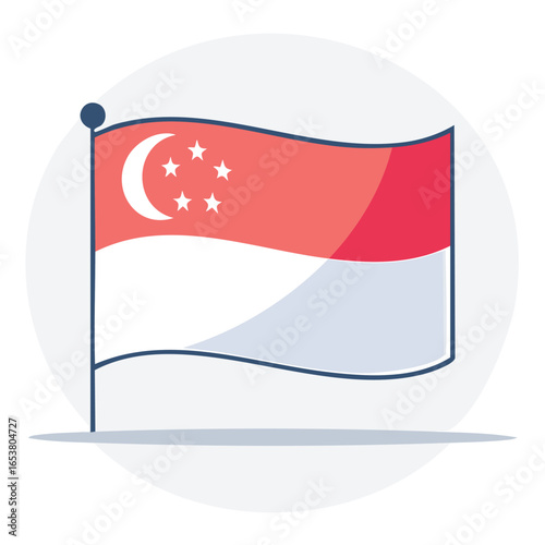 Illustration of the Singaporean flag waving on a pole against a light blue background.