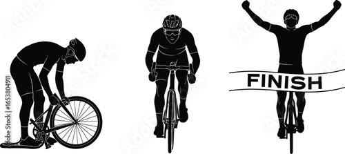 Cyclist celebrates victory crossing finish line, dynamic journey