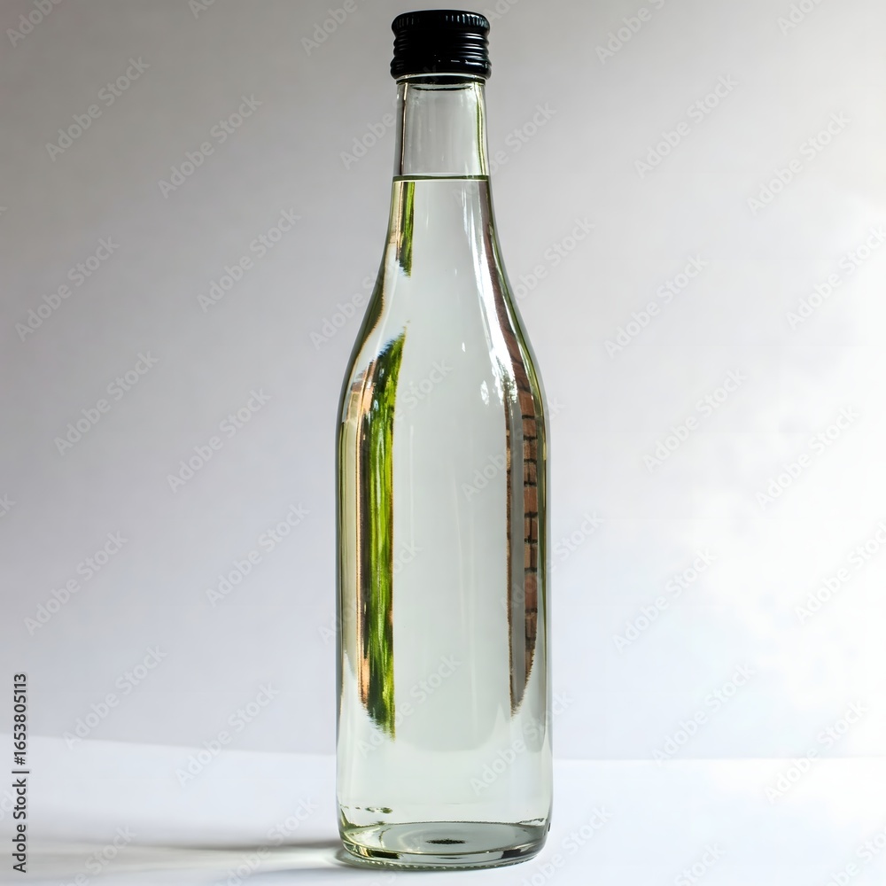 Fototapeta premium Clear liquid bottle with black cap against white backdrop.