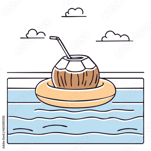 A refreshing coconut drink with a straw floating in a pool on a sunny summer day.
