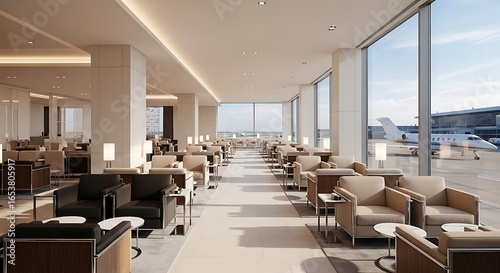 Elegant airport lounge with private jet view offers luxurious comfort and sophisticated travel experience.