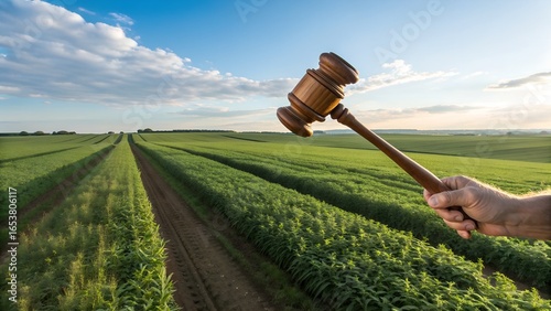 Agricultural Law and Land Ownership Concept – Hand Holding Wooden Gavel Over Farmland with Crop Rows Under Blue Sky, Legal Decision in Farming, Land Auction, Agricultural Policy, Rural Governance