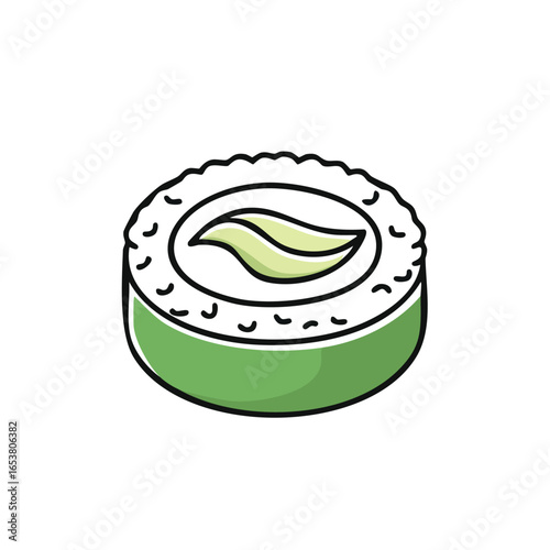 A detailed illustration of a single sushi roll, featuring avocado and rice, ready to eat.