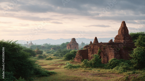 Discover the Enigmatic Beauty of Ancient Ruins Surrounded by Lush Greenery in an Idyllic Landscape at Sunrise
