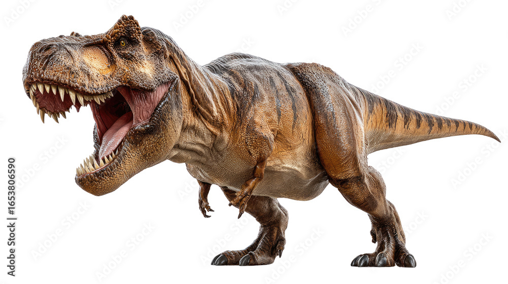 Obraz premium Tyrannosaurus Rex in Motion: A hyper-realistic Tyrannosaurus Rex, a fierce predator of the prehistoric era, roars with its jaws agape, showcasing the power and majesty of the giant reptile.