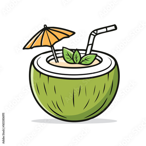A refreshing coconut drink with a straw, umbrella, and mint leaves, perfect for summer.