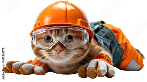 Cat Constructor on Duty: A resourceful cat, fully equipped with safety gear and construction apparel, embodies dedication and skill in this playful illustration.