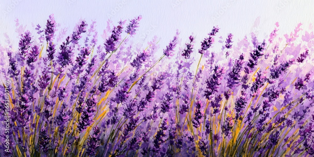 Naklejka premium Lavender Field Watercolor. Lavandula Flowers Blossoming in Fragrant Violet Garden