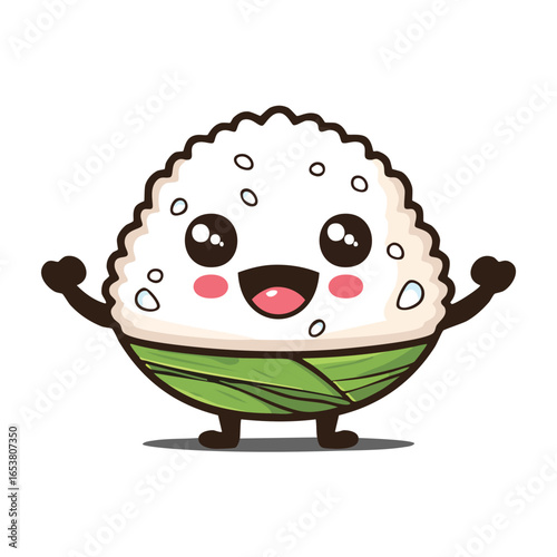 A cute cartoon illustration of a happy sushi rice ball with arms and legs.