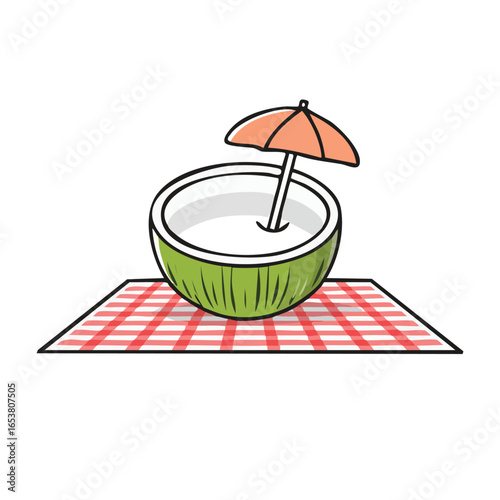 A refreshing coconut drink with a small umbrella on a red and white picnic mat.