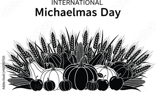 Illustration of an international Michaelmas Day celebration with pumpkins, wheat, corn, and apples