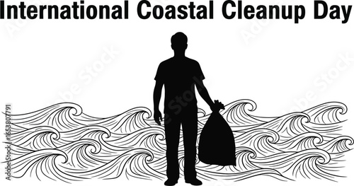 Silhouette of a person cleaning the beach for international coastal cleanup day, volunteer collecting trash from the sea