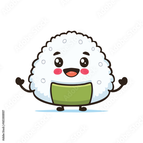 Cute cartoon illustration of a happy onigiri rice ball with a smiling face and arms.