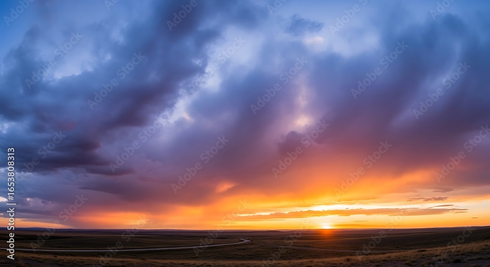 Obraz premium Dramatic sunset paints vast prairie sky with fiery oranges and deep blues over a winding road