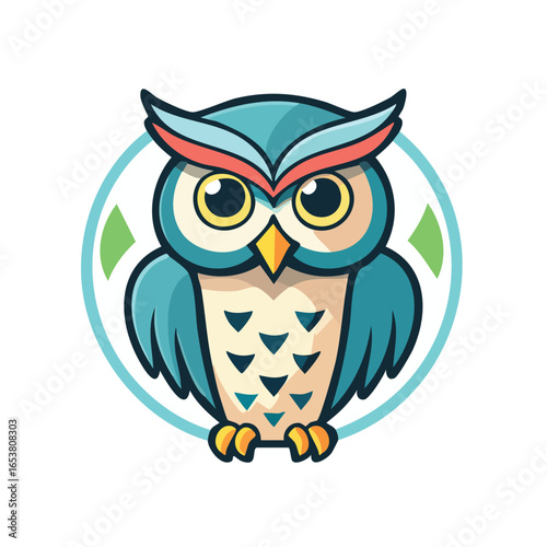 A charming cartoon illustration of a blue owl with big eyes, set inside a circle.