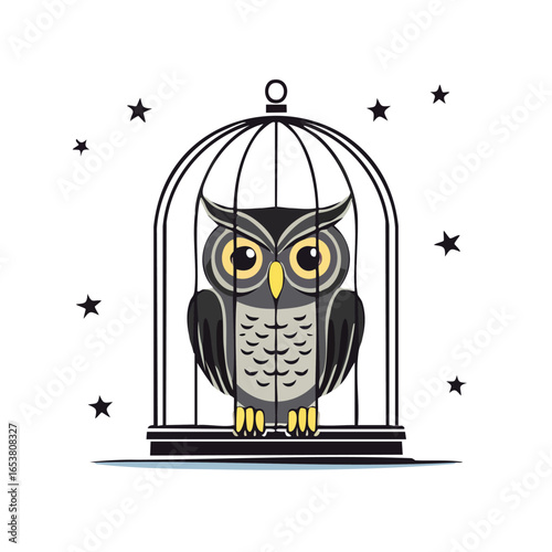 A detailed illustration of a cartoon owl sitting inside a cage with stars in the background.