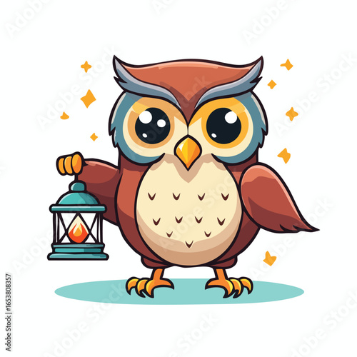 A charming cartoon owl with big eyes holding a glowing lantern, radiating warmth and friendliness.