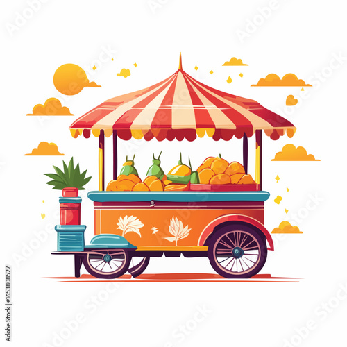 Colorful illustration of a fruit cart with striped awning, selling fresh produce under the sun.
