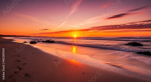 Serene Beach Sunset with Fiery Sky and Footprints in Wet Sand