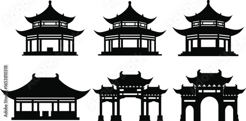 Traditional Asian Pagoda and Gate Silhouettes Vector Set – Ancient Chinese Architecture Icons for Design, Decoration, and Cultural Projects