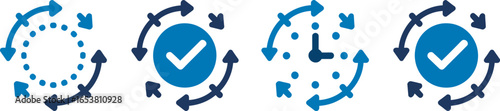 Circular process icons with checkmarks and arrows representing workflow and progress