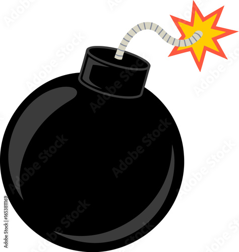 Cartoon black bomb with a lit fuse and bright orange explosion on a blue background
