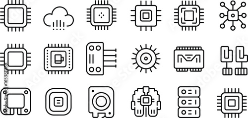 Microchip technology icons, processor circuit outline, artificial intelligence CPU, digital data server, semiconductor hardware design, cloud computing system vector illustration