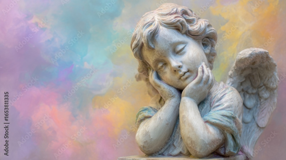 A delicate angel statue with detailed features is shown resting its head on its hand, surrounded by a soft, pastel-colored background creating a tranquil atmosphere. A delicate angel statue with detailed features is shown resting its head on its hand, surrounded by a soft, pastel-colored background creating a tranquil atmosphere.