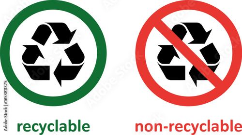 Recyclable and non recyclable symbols indicating waste sorting and environmental responsibility