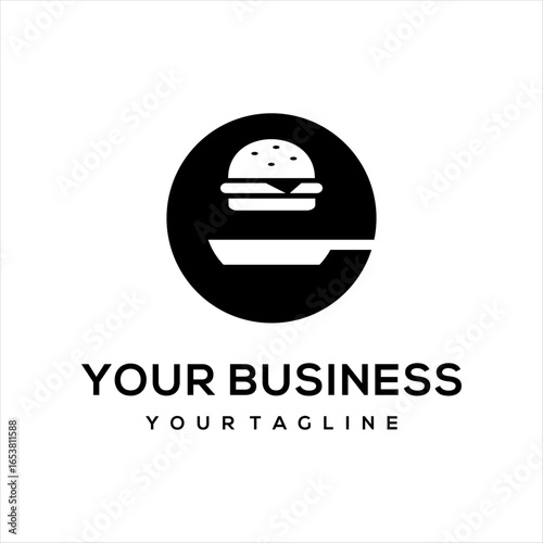 This logo combines the letter e, a burger, and a frying pan, making it suitable for use in the food business.