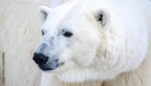 Close Up Portrait Of A Majestic Polar Bear Displaying White Fur And Black Eyes With A Soft Focus Background