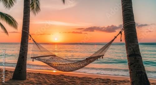 Tranquil Tropical Sunset with Empty Hammock Between Palm Trees on a Golden Sandy Beach