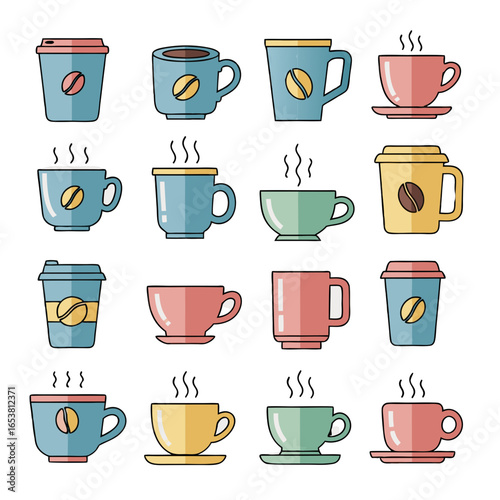 Coffee day icons with mugs, latte glasses, takeaway cups, and steaming hot drinks