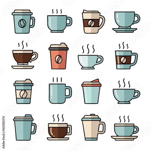 Coffee icons with mugs, cups, latte glasses, takeaway cups, and hot drinks