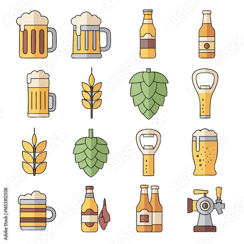 Icons of beer mugs, bottles, hops, wheat, and bottle openers in Oktoberfest celebration vector style.