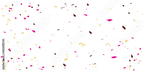 A festive and celebratory abstract background with a multitude of scattered confetti and streamers in yellow, pink, brown, and red, creating a joyful, dynamic pattern on a clean white background.