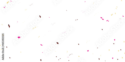 A festive and celebratory abstract background with a multitude of scattered confetti and streamers in yellow, pink, brown, and red, creating a joyful, dynamic pattern on a clean white background.