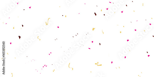 A festive and celebratory abstract background with a multitude of scattered confetti and streamers in yellow, pink, brown, and red, creating a joyful, dynamic pattern on a clean white background.