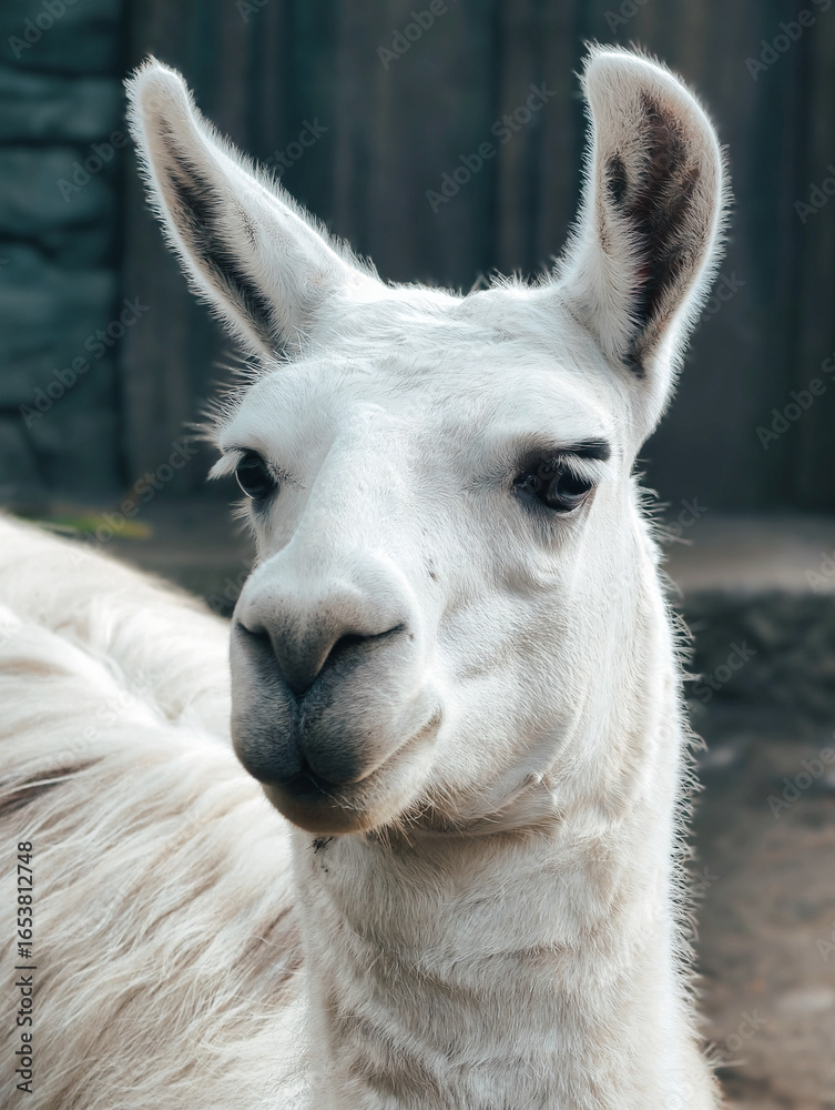 Obraz premium Close-up Portrait of a White Llama with Soft Fur and Alert Ears.