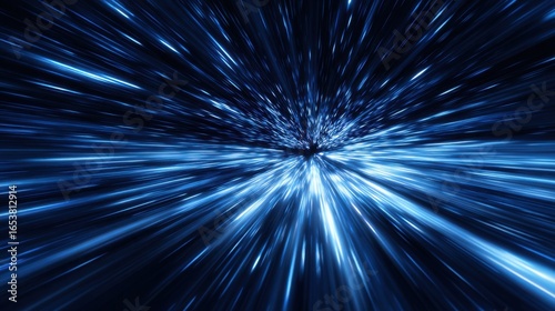 Vivid blue light streaks in various directions create a dynamic and energetic visual effect, suggesting rapid movement through a dark, expansive environment, reminiscent of space travel.