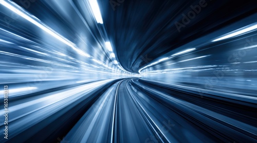 Racing through a tunnel filled with vibrant lights creates a sense of speed and motion. The curved tracks lead the eye into the distance, enhancing the feeling of rapid transit.
