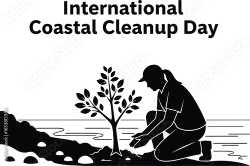 International coastal cleanup day illustration featuring a woman planting a tree the beach